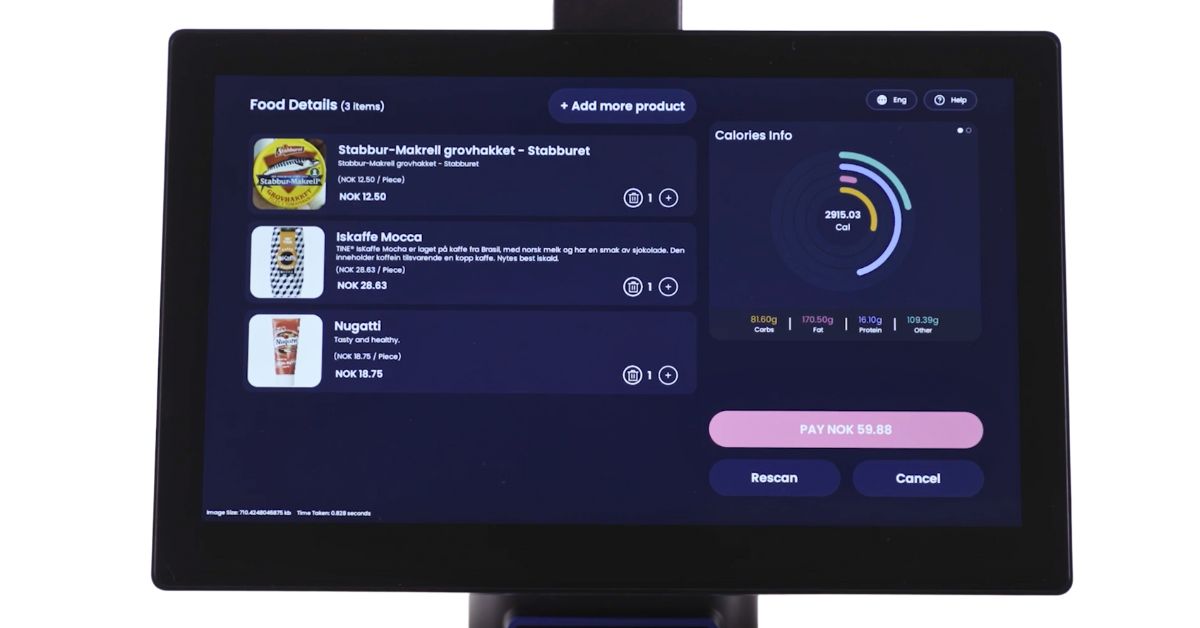 Skjermbilde av Izy mAIfood-portalen Skjermbilde av Izy mAIfood-portalen med automatisk produktgjenkjenning, kalori-graf og betalingsknapp