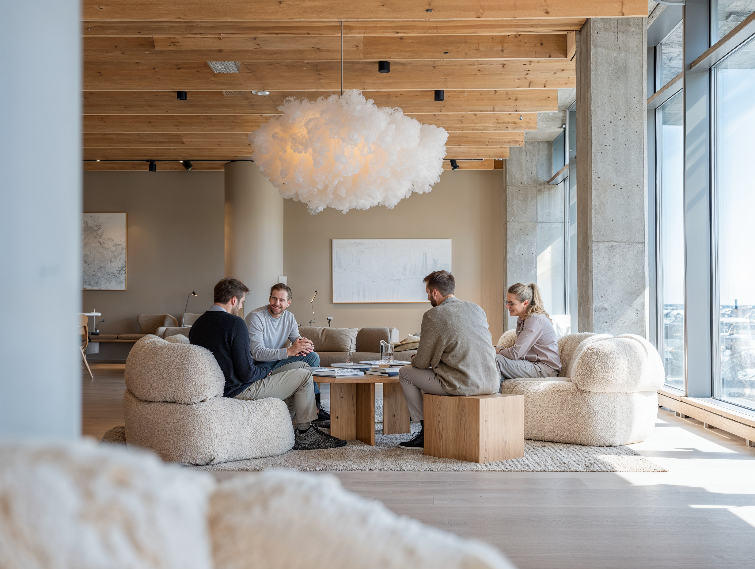 digitale-arbeidsplassen-2025-izy-whitepaper Fire kollegaer i samtale i en moderne kontorlounge – illustrasjon av digital arbeidsplass 2025.