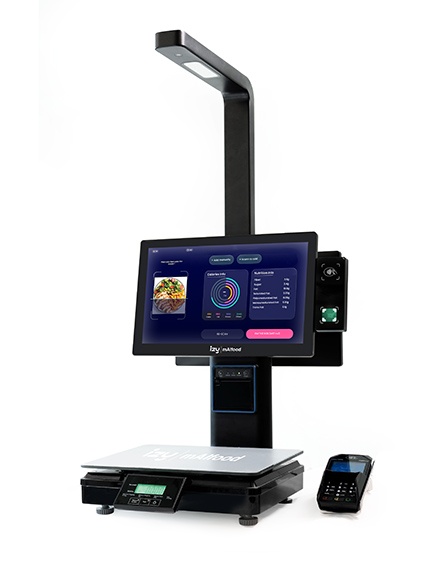 Izy mAIfood POS-system med skjerm, vekt og betalingsmodul brukt i kantinedrift
