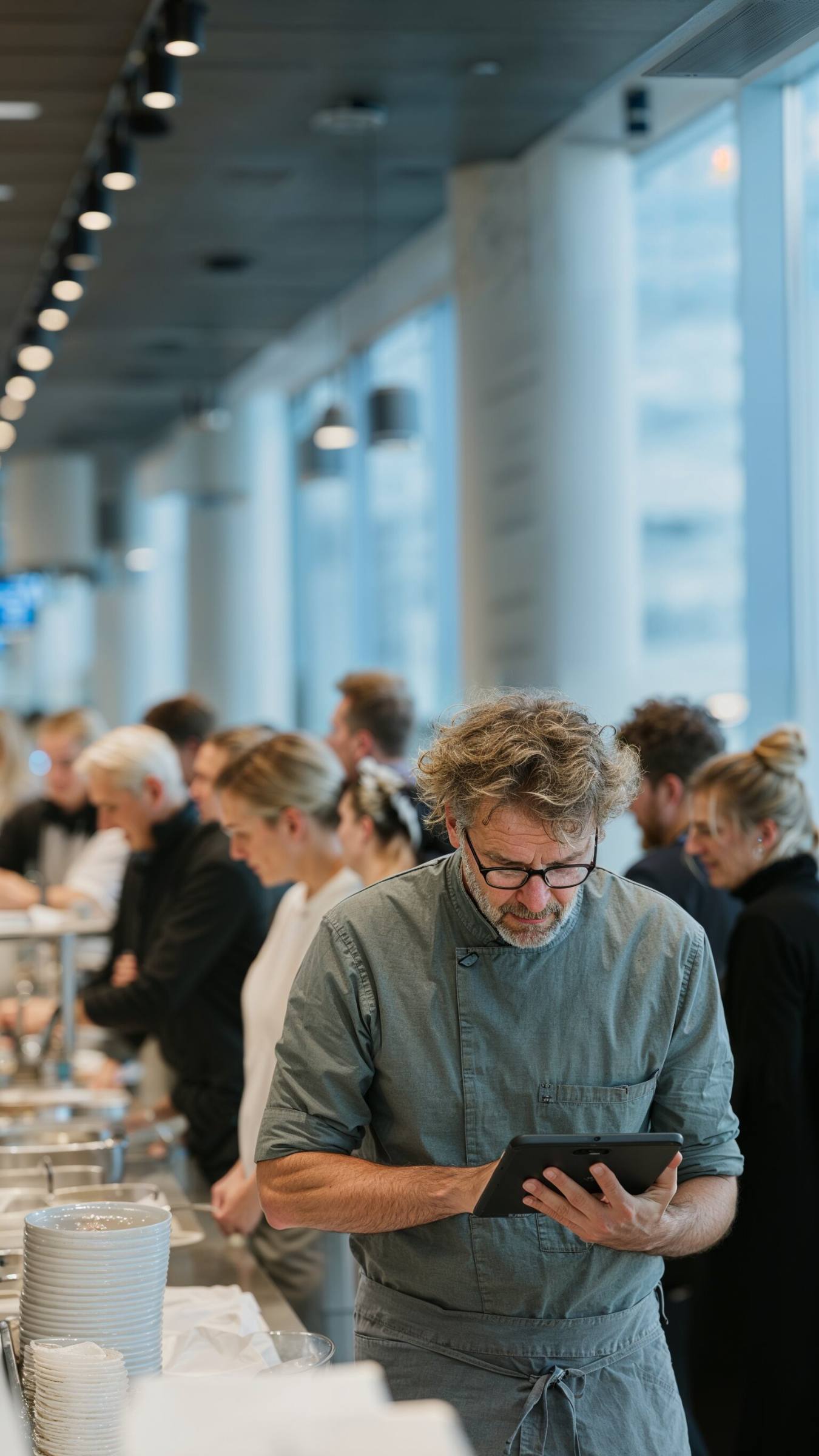 Kjøkkensjef i sykehuskantine som bruker nettbrett med Izy Prediksjon for å planlegge dagens porsjoner