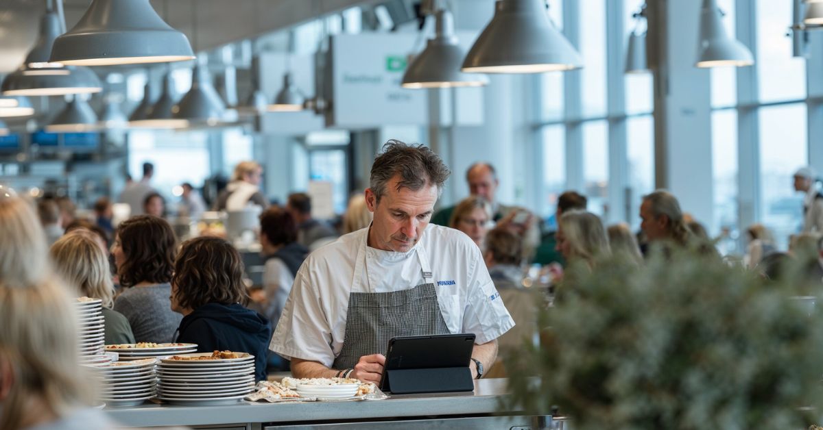 kantine-team-redusert-matsvinn-prediksjon Sykehuskantine i lunsjtid der kjøkkensjefen bruker Izy Prediksjon‑dashboard på nettbrett