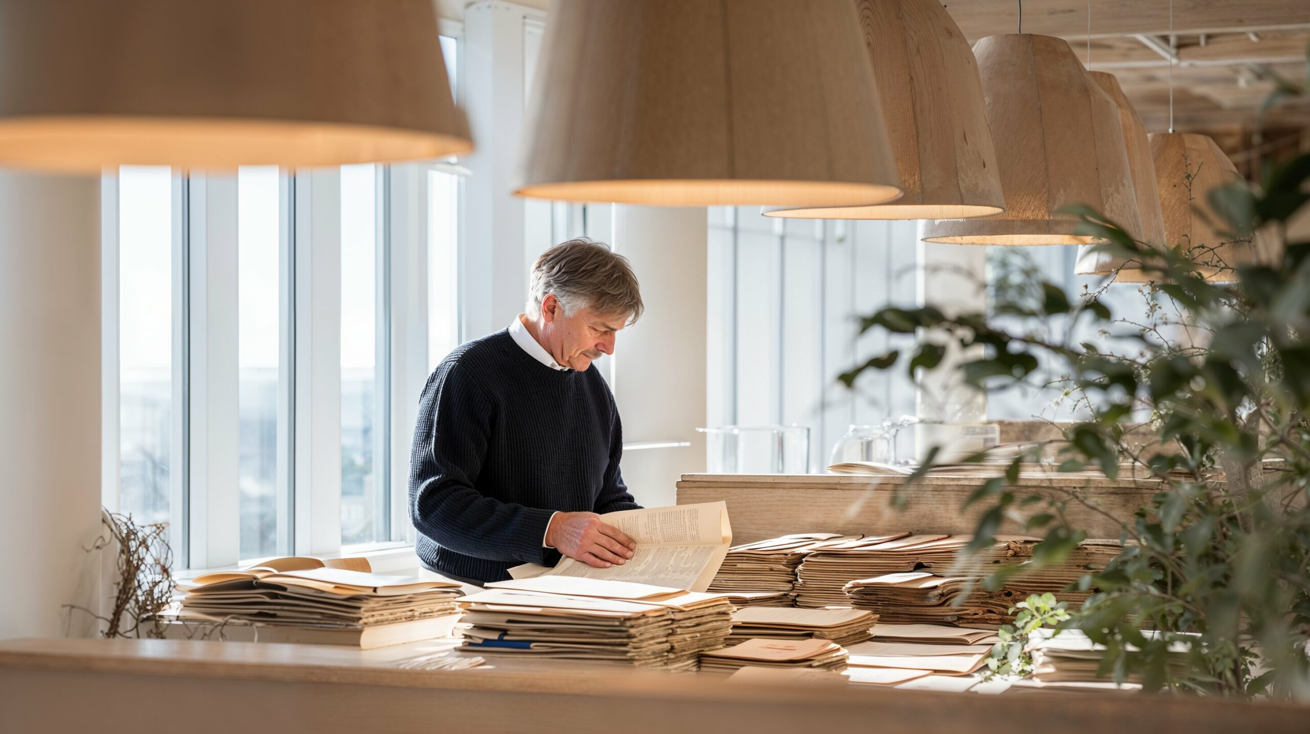 Facility-manager-traditional Driftsleder sorterer manuelle sjekklister og papirfakturaer<br />