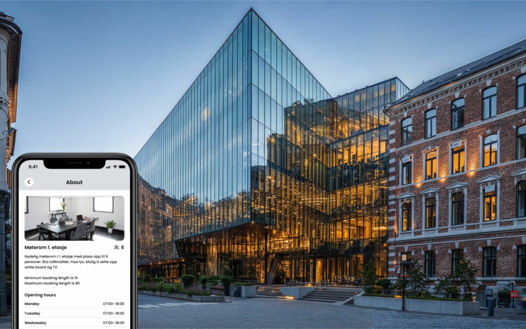 Moderne kontorbygg i Norge med Izy-appen som samlet dashboard for soft FM
