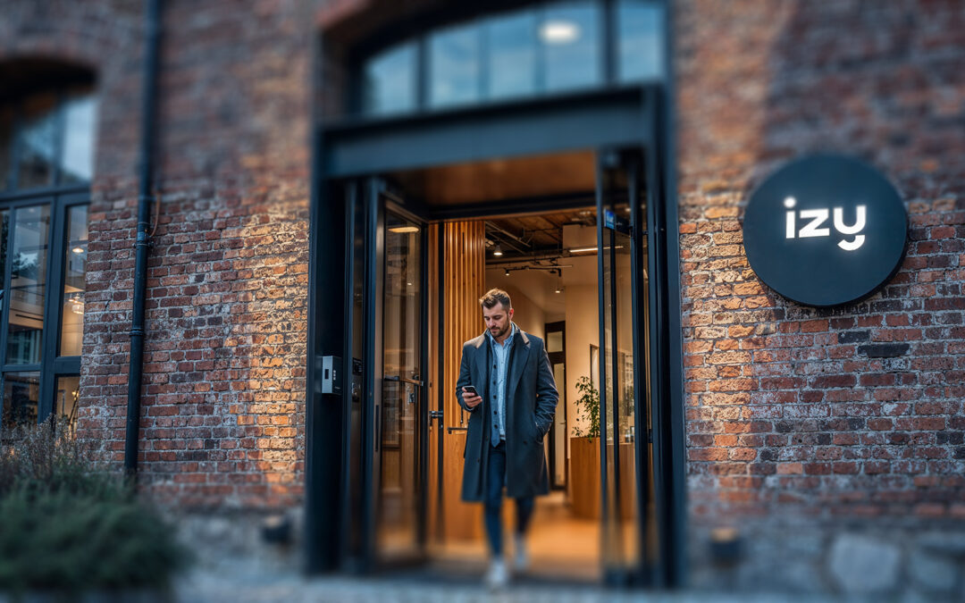 Ansatt låser opp smart kontorbygg med mobilapp – eksempel på proptech i praksis.
