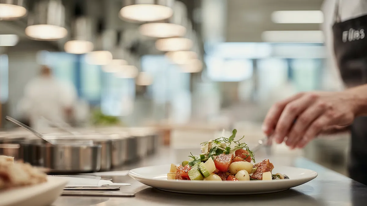 izy-prediksjon-matsvinn-kantine En kokk legger mat på tallerken før lunsj i en norsk kantine